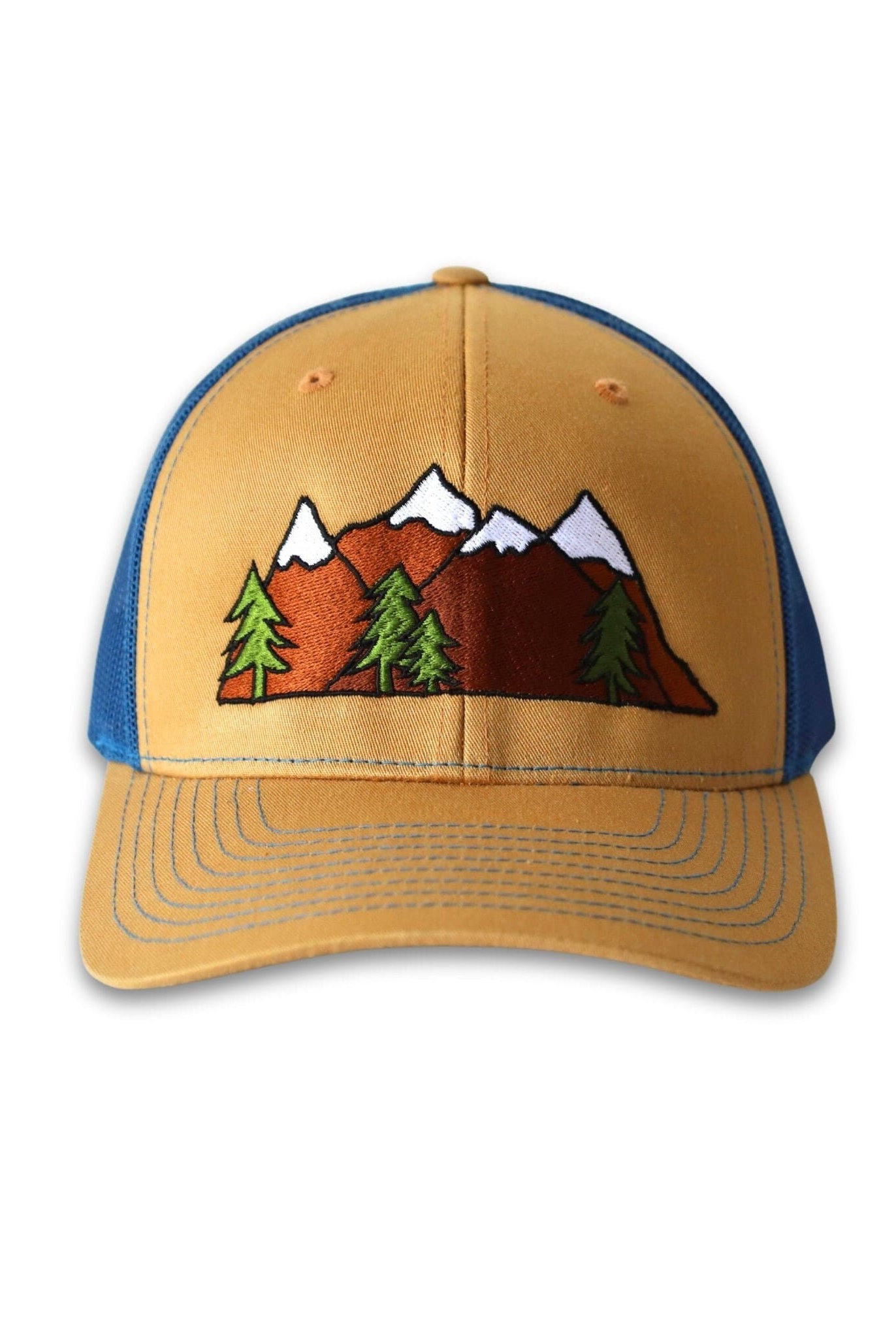 Trucker hat with a mid profile. Front bill and panel is khaki cotton fabric. A snow capped mountain range and trees is embroidered on the front. The back panel is true blue made of mesh with a snapback closure.
