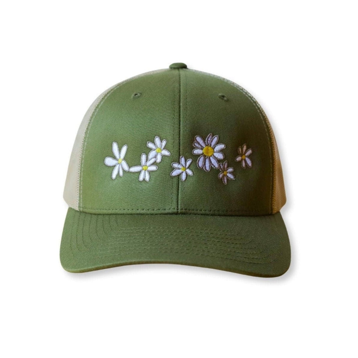 Trucker hat with a low profile. Front bill and panel is a sage green soft cotton fabric with embroidered white daisies. The back panel is khaki mesh with a snapback closure.
