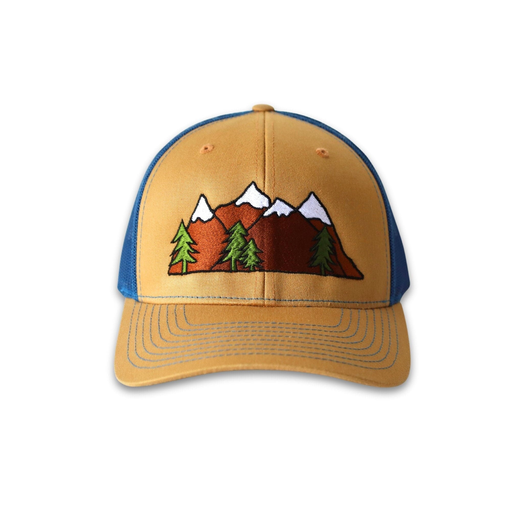 Trucker hat with a mid profile. Front bill and panel is khaki cotton fabric. A snow capped mountain range and trees is embroidered on the front. The back panel is true blue made of mesh with a snapback closure.